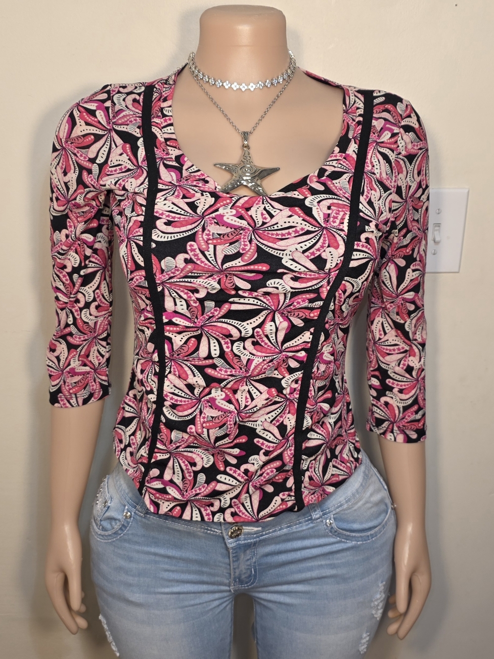INC International Concepts Pink and Black Floral Paisley Print Women's Top